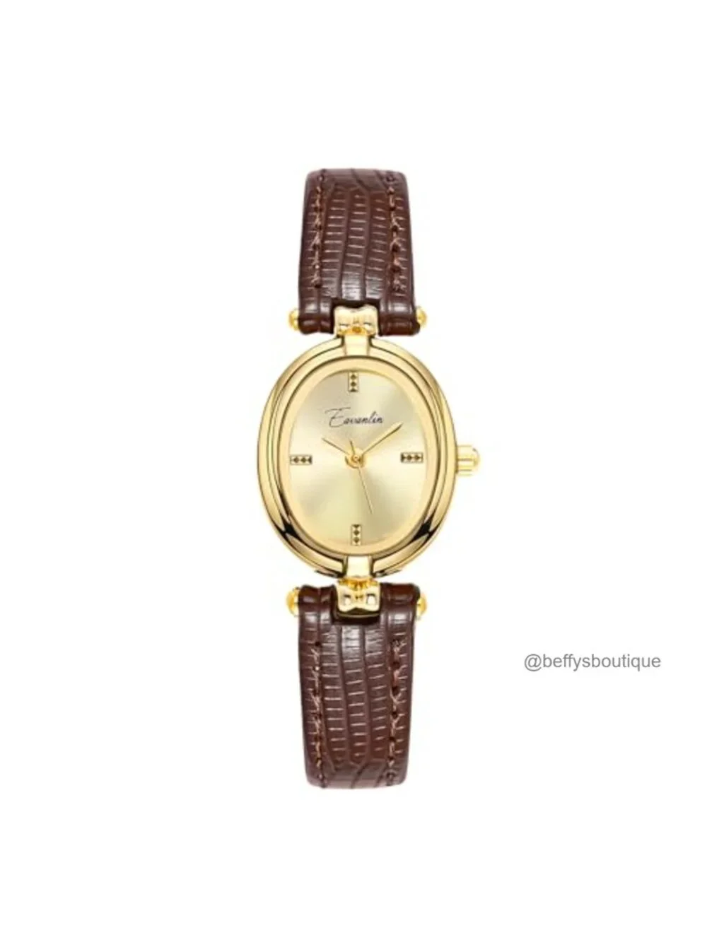 Vintage Oval Gold Quartz Watch, Genuine Leather Band, Ladies Dress Wrist Watch
